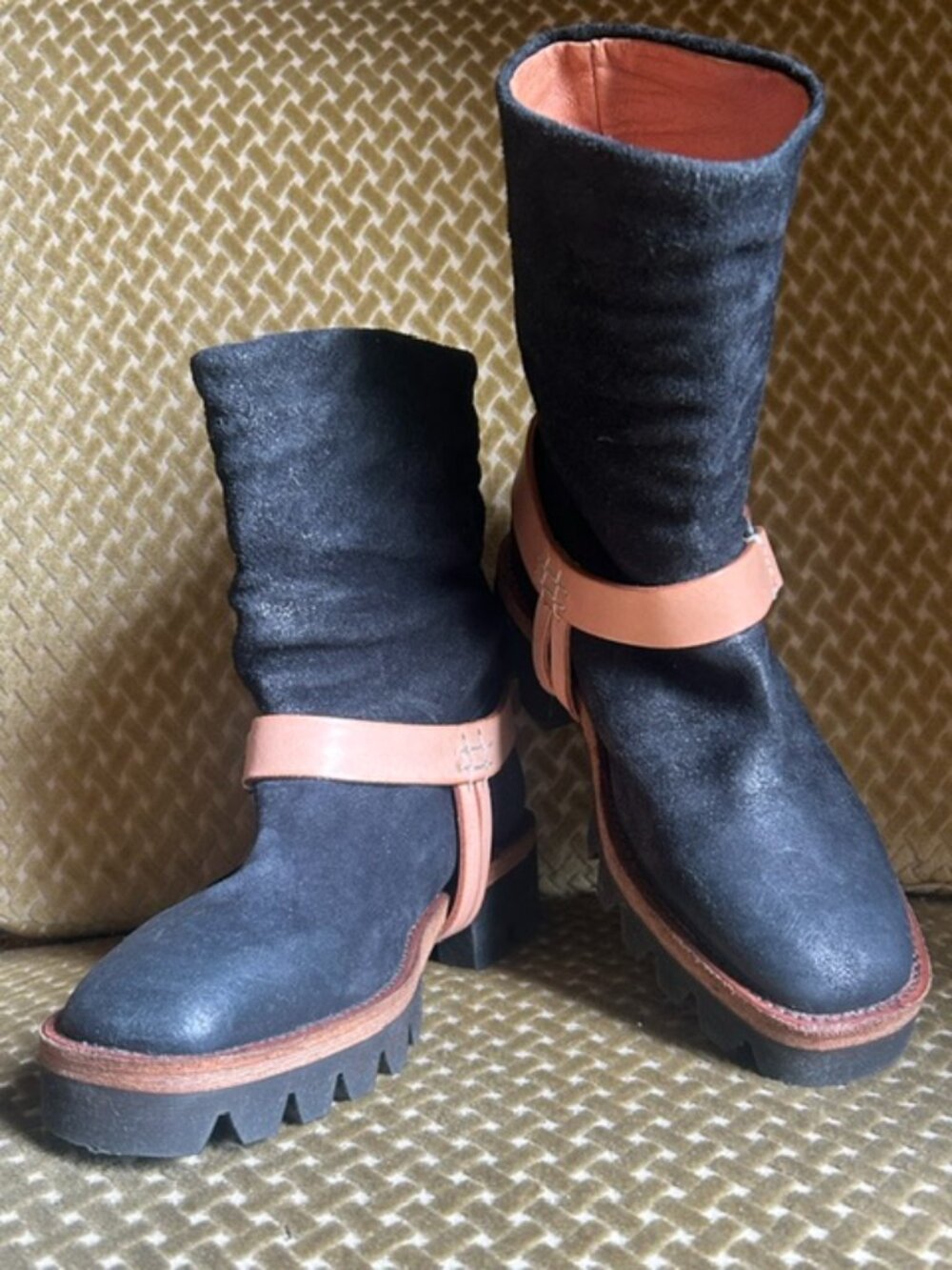 We The Free FP  Reya Removable Strap Black Suede Tan Grip Sole Harness Boots NEW